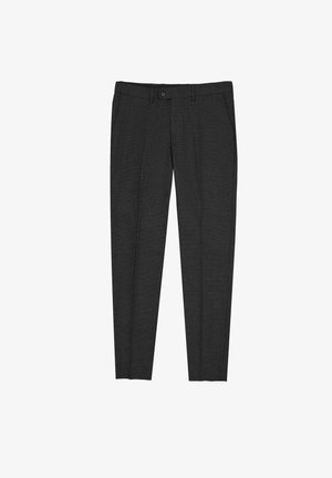 Ciemnoszare, dopasowane spodnie w teksturowanym materiale, z gładkim przodem, kieszeniami bocznymi oraz pojedynczym zapięciem na guzik.