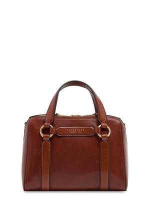 Borsa a mano in pelle marrone con doppi manici, ferrature dorate e nome del marchio visibile "The Bridge Firenze 1969" sul davanti.