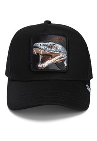 Gorra snapback negra con un parche bordado rectangular que presenta la cabeza de un lagarto en azul y blanco y la palabra "VICIOSO" encima.