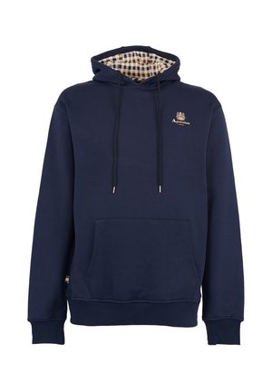 Felpa blu navy in cotone, con interno a scacchi, cordini e tasca laterale a marsupio. Logo dorato sul petto.