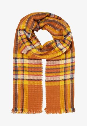 Écharpe tissée douce avec des bords frangés, présentant un motif à carreaux jaune, orange, marron, blanc et noir, disposée en style boucle.