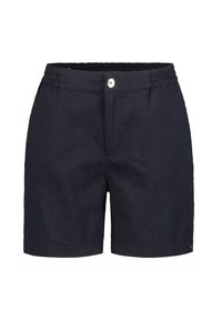Marineblaue Shorts aus leichtem Material, mit elastischem Bund, Knopfverschluss und vorderen Taschen. Glatte Textur und einfaches Design.