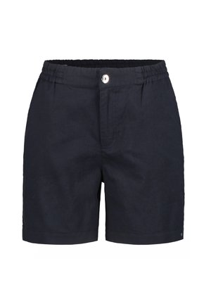 Pantaloni corti blu navy realizzati in tessuto leggero, con vita elastica, chiusura con bottone e tasche frontali. Texture liscia e design semplice.