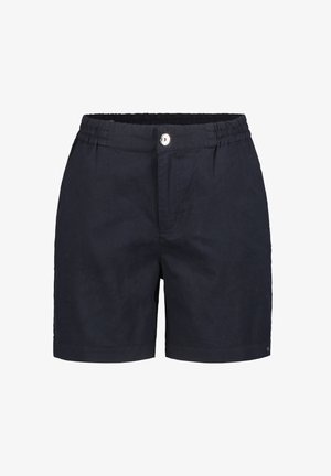 Marineblauwe shorts van lichtgewicht stof, met een elastische tailleband, knoopsluiting en zijzakken. Glad textuur en eenvoudig ontwerp.