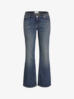 Jeanși din denim albastru cu o ușoară decolorare pe coapse și genunchi, cu buton și fermoar în față, având croială bootcut.