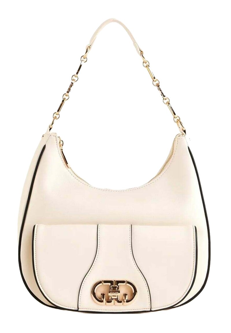Borsa a spalla in pelle crema con tracolla a catena dorata, tasca frontale con patta e dettaglio della chiusura con logo dorato.