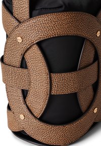 Textured brown leather strap design interwoven over a black fabric base, with gold-colored hardware accents and a rounded shape.