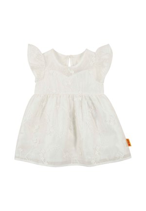 Weißes Babykleid mit floraler Spitzenüberlagerung, Flügelärmeln, rundem Ausschnitt und Schlüsselloch-Knopfverschluss auf der Rückseite.