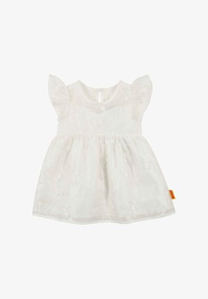 Weißes Babykleid mit floraler Spitzenüberlagerung, Flügelärmeln, rundem Ausschnitt und Schlüsselloch-Knopfverschluss auf der Rückseite.