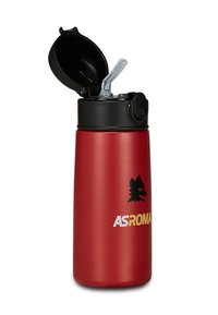 Bottiglia d'acqua in acciaio inossidabile rossa con coperchio nero e una cannuccia trasparente. Presenta un logo di un lupo e il testo "AS Roma" in giallo e bianco.