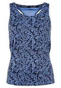 Niebieski i granatowy top na ramiączkach w wzory, wykonany z oddychającego materiału, z okrągłym dekoltem i designem typu racerback. Widoczne logo Nike Dri-FIT.