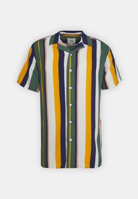 Korte mouwen shirt met meerkleurige verticale strepen in groen, geel, marineblauw en roze. Beschikt over een knoopsluiting aan de voorkant en een platte kraag.