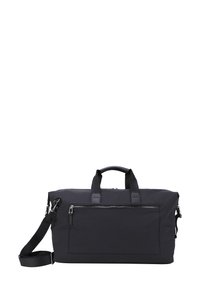 Borsa da viaggio in tessuto nero con manici doppi, tracolla removibile e tasca frontale con zip. Texture liscia con branding minimale.