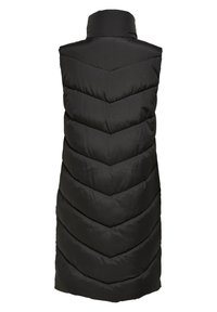 Gilet sans manches en duvet noir avec un col haut, présentant un motif matelassé en chevrons et une texture de tissu lisse. Pas de quincaillerie visible.