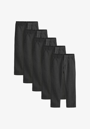 Fünf Paare dunkelgraue Stoffhosen, überlappend angeordnet, zeigen ein gerades Bein-Design mit Gürtelschlaufen und Seitentaschen.