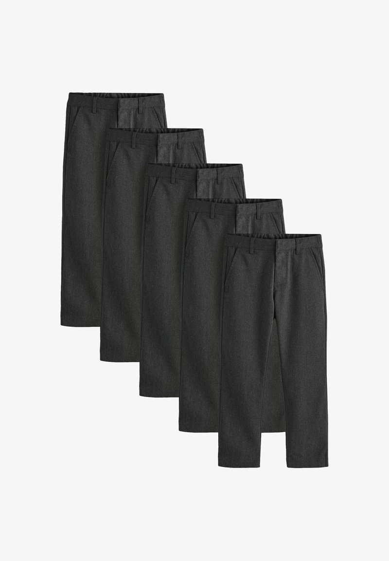 Cinq paires de pantalons habillés gris foncé disposées en chevauchement, montrant un design de jambe droite avec passants de ceinture et poches latérales.