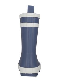 Botte de pluie en caoutchouc bleu marine avec des bandes en tissu blanc en haut. Texture lisse avec une semelle plate et une languette à l'arrière pour un enfilage facile.