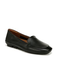 Mocassino in pelle nera con punta arrotondata, design slip-on, interno imbottito e suola testurizzata per una presa sicura. Finitura liscia con dettagli di cucitura discreti.