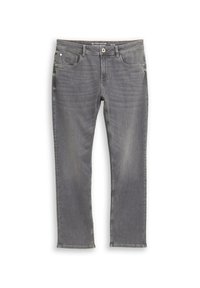 Szare dżinsy z denimu o prostym kroju. Posiadają przednie kieszenie, zapięcie na guzik oraz subtelne przetarcia. Szwy ozdobione przeszyciami.