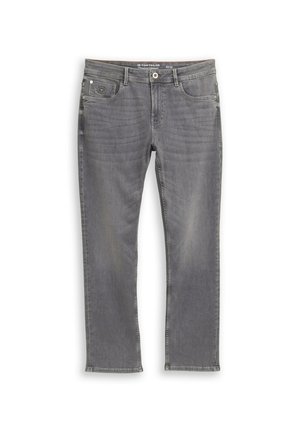 Graue Jeans aus Denim mit geradem Schnitt. Verfügt über vordere Taschen, einen Knopfverschluss und dezentes Ausbleichen. Gestickte Details an den Nähten.