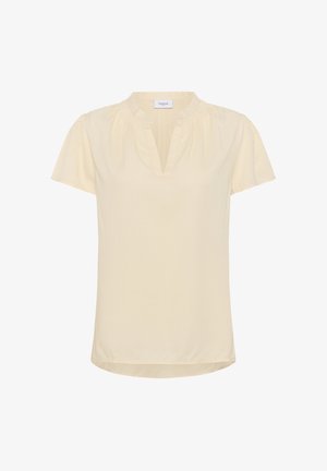 Bluzka krótko rękawowa, w dekolcie w serek, w jasnym żółtym kolorze, z subtelną teksturą i marszczeniami przy ramionach; miękka tkanina, zaokrąglony dół.