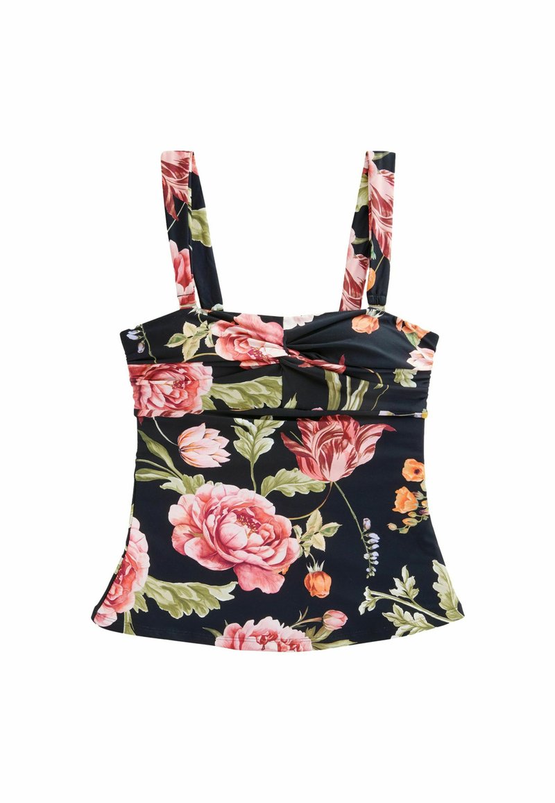 Top in tessuto blu navy a fiori, con grandi motivi rosa e arancioni, spalline regolabili e design aderente.