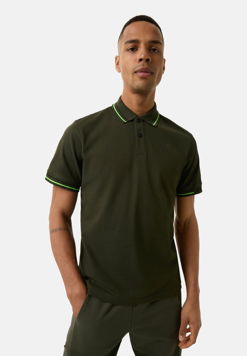 Dark green polo shirt with contrasting green trim on the collar and sleeves. Features a logo embroidered on the chest and a plain texture.