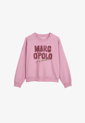 Rosa Sweatshirt mit einem kastigen Design, ausgestattet mit auffälliger, gestickter Schrift "MARC O’POLO" und "Gegründet in Stockholm", sowie gerippten Bündchen und Saum.