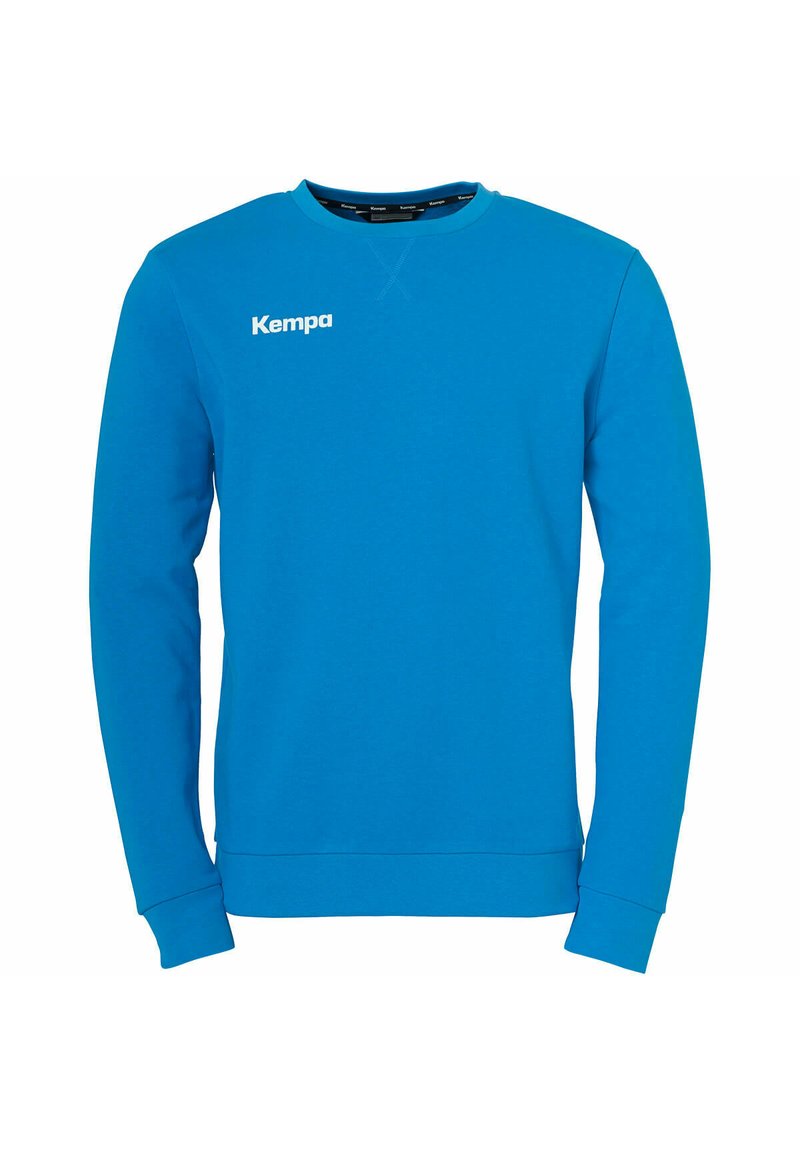 Sweat-shirt turquoise à manches longues, avec des poignets côtes et un col rond. Arbore un logo blanc "Kempa" sur le devant. Texture lisse.