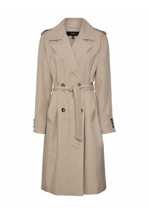 Bēšā tranšejas mēteli izgatavots no teksturēta auduma, ar dubultā rindā aizdari, jostu viduklī un pogājamām piedurknēm.