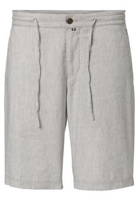 Hellbeige gestreifte Shorts mit vorderem Knopf, Kordelzugbund und Seitentaschen.