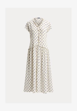 Kreemivärvi lühikeste varrukatega kleit sinise lillemustriga, ees kinnitatav nööpidega, volangidega ja kogutud midi-pikkusega seelikuga.