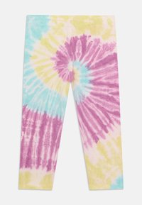 Mönstrade leggings i flerfärgade tie-dye i rosa, blått, gult och vitt; mjuk textur med elastiskt material för komfort.