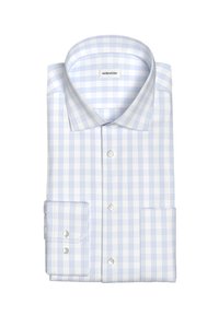 Himmelblaues und weißes kariertes Hemd, mit Button-Down-Kragen, umschlagbaren Manschetten, aus einem Stoff mit glatter Textur, ordentlich gefaltet.