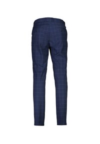 Laivastonsiniset ruudulliset housut, kapealahkeiset, takataskuissa napit ja vyölenkit, näkyvissä takaa valkoisella taustalla.