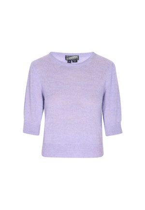 Short-sleeve lilac knit sweater with a round neckline, smooth texture, and ribbed cuffs and hem. Simple, unembellished design.