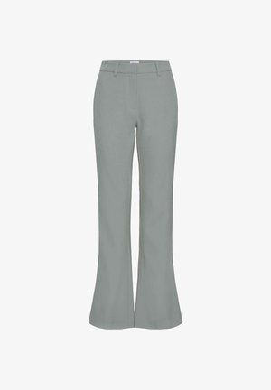 Graue Schlaghosen aus glattem Stoff. Verfügen über einen Bund mit Gürtelschlaufen, Seitentaschen und eine taillierte Passform.