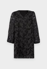 Black dress with long puff sleeves, featuring a floral lace overlay and a V-neckline. Transparent texture with intricate pattern details.