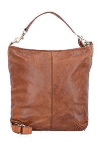 Borsa a tracolla in pelle marrone con una finitura morbida e testurizzata, corpo piatto e una sola maniglia superiore. Presenta una tracolla laterale e dettagli in metallo.