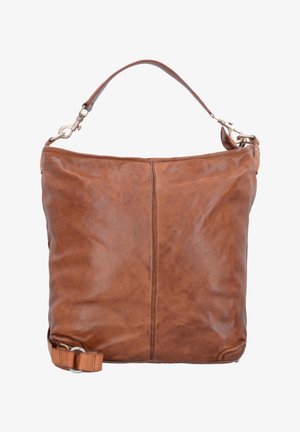 Bruine leren handtas met een zachte, gestructureerde afwerking, een platte body en een enkele bovengreep. Voorzien van een zijklep en metalen hardwareaccenten.