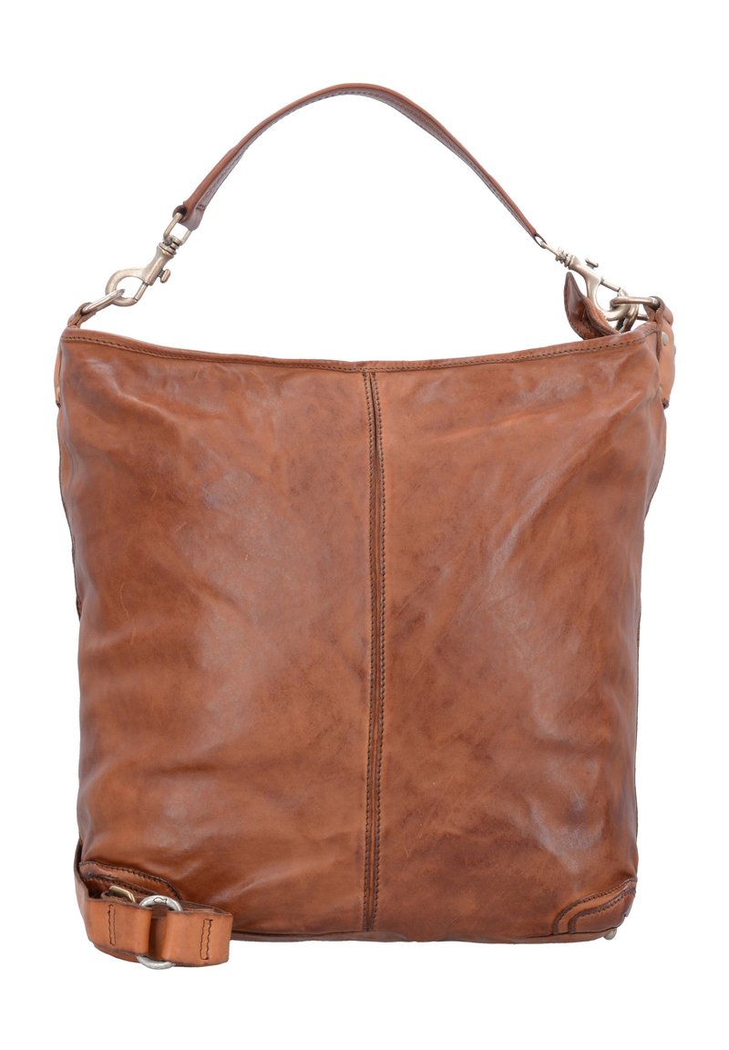 Borsa a tracolla in pelle marrone con una finitura morbida e testurizzata, corpo piatto e una sola maniglia superiore. Presenta una tracolla laterale e dettagli in metallo.