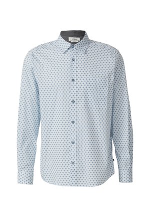 Hellblaues Langarmhemd mit Knopfleiste, kleinem dunkelblauem Rautenmuster und einer Tasche auf der linken Brust.