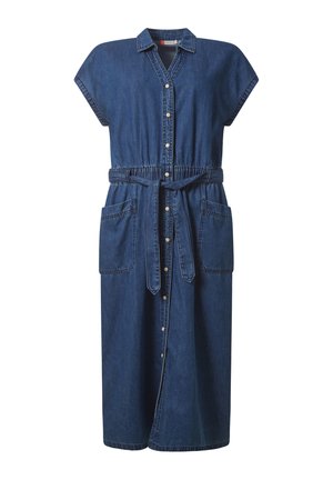 Button-up dark blue denim dress with short sleeves, two front pockets, a matching fabric belt, and a collar.