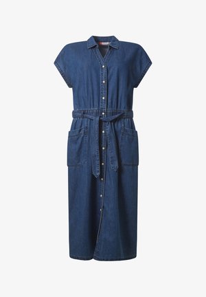 Dunkelblaues Jeanskleid mit Knopfleiste, kurzen Ärmeln, zwei vorderen Taschen, passendem Stoffgürtel und Kragen.