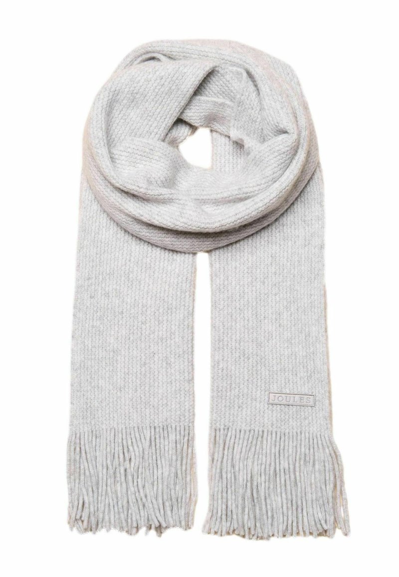Svetlosivá pletená šatka s strapcami na oboch koncoch. Má jemnú textúru a malú značkovú štítok s nápisom "JOULES" blízko jedného konca.