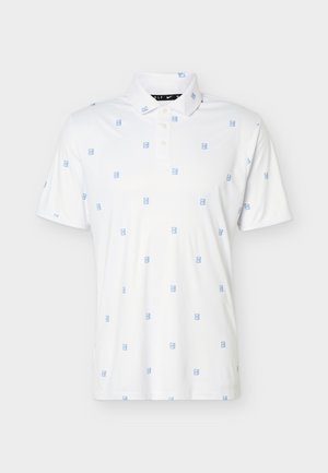 Weißes kurzärmliges Poloshirt mit kleinen verstreuten blauen abstrakten Quadratmustern und einer knöpfbaren Blende.