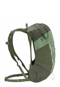 Zaino da trekking verde con lati in rete traspirante, numerosi scomparti con cerniera e un pannello frontale testurizzato. Spallacci regolabili per il massimo comfort.