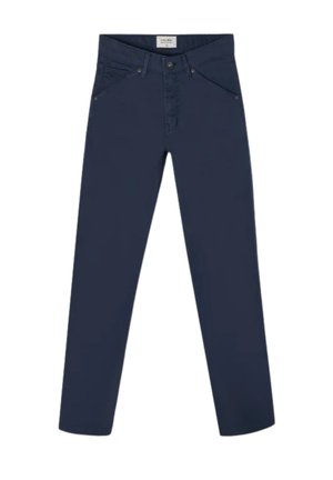 Pantalones de algodón en color azul marino oscuro. Presentan un diseño clásico de cinco bolsillos y acentos de remaches de cobre. Corte recto.