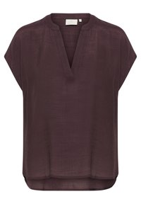 Blouse violette foncée à manches courtes avec un décolleté en V, fabriquée en tissu léger. Présente une coupe décontractée et un ourlet légèrement incurvé.