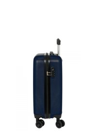 Valigia rigida blu navy con zip e lucchetto neri, manico retrattile e quattro ruote per la mobilità. Texture liscia e forma rettangolare.